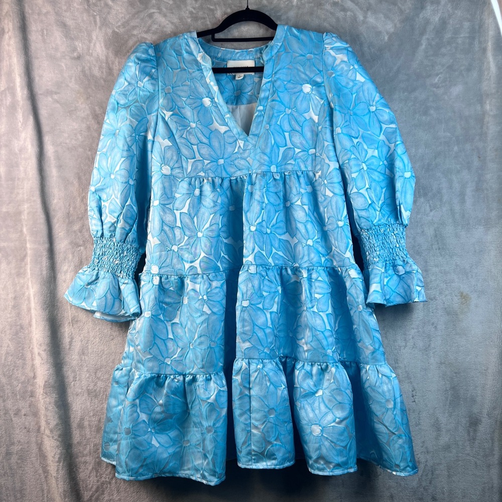 Pomander Place Dress Blue Floral Jacquard Tiered Babydoll Mini Y23363T Large - Picture 2 of 9